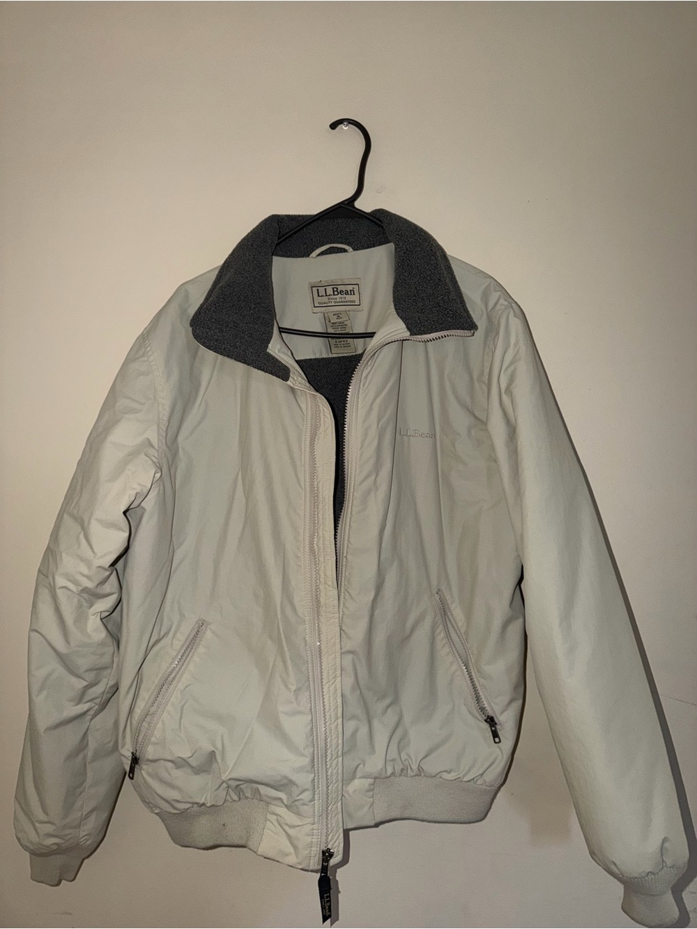 L.L. Bean White Men's Puffer Jacket with Gray Fleece Collar